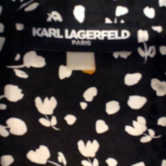 KARL LAGERFELD Dress. Button Front in Black with Floral print silk. Sz 14 - Picture 3 of 6